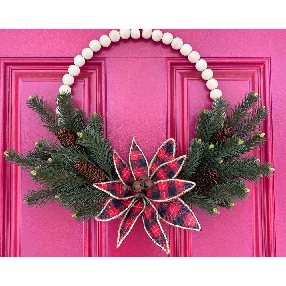 Plaid Poinsettia Christmas Wreath: Beaded Holiday Decor with Bells